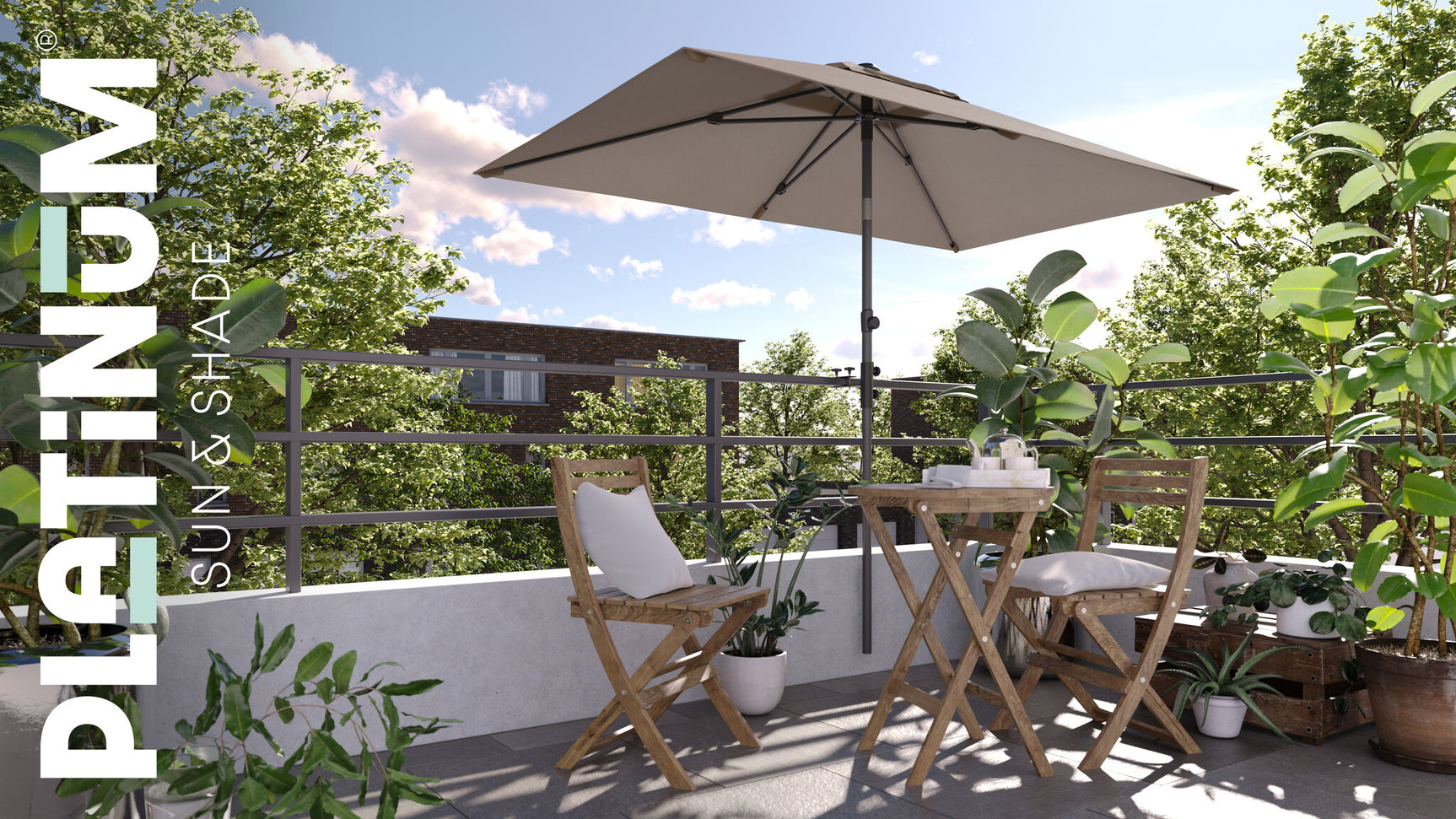 Platinum parasol Lisboa in olijfgroen boven terrasstoel en tafel