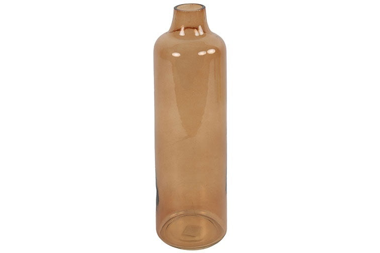 Hoge bruine glazen fles met smalle hals en ronde bodem
