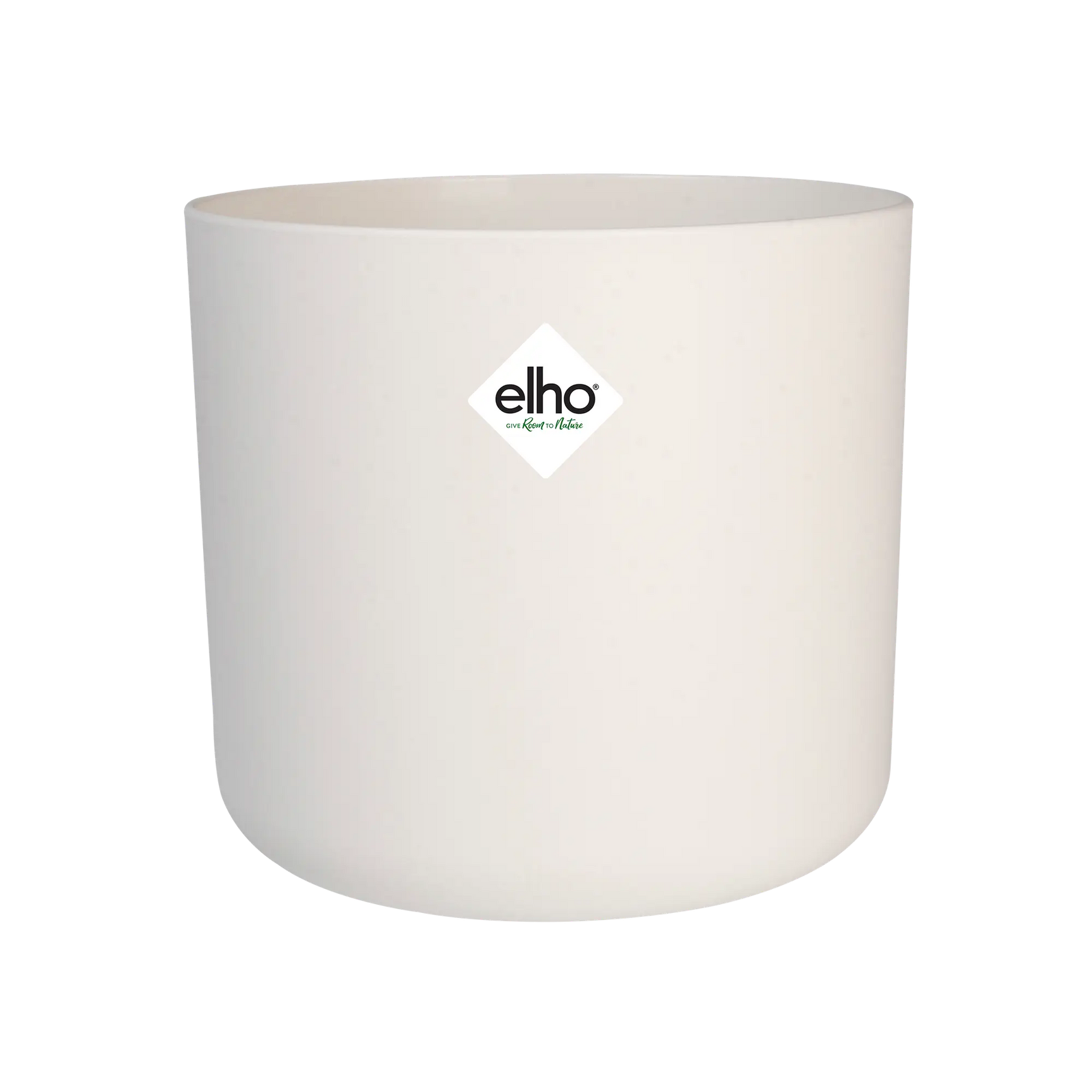 Witte ronde bloempot met elho-logo, glad mat oppervlak