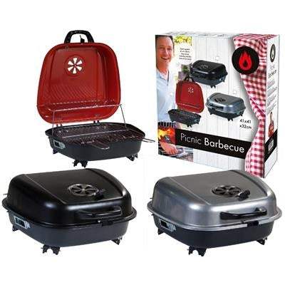 Barbecuekoffer met rode deksel en open grillrooster, 41x42 cm