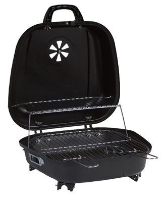 Barbecuekoffer zwart met open deksel en metalen rooster, draaghandvat bovenop