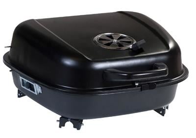 Barbecuekoffer zwart met gesloten deksel en draaiknop bovenop