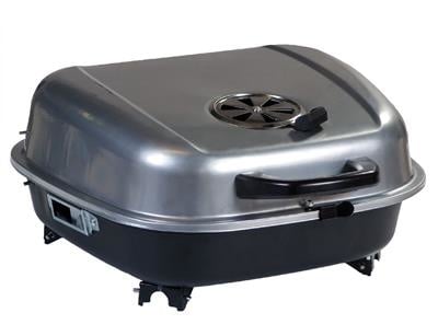 Barbecuekoffer met grijze deksel en zwarte sluiting, compact 41x42 cm