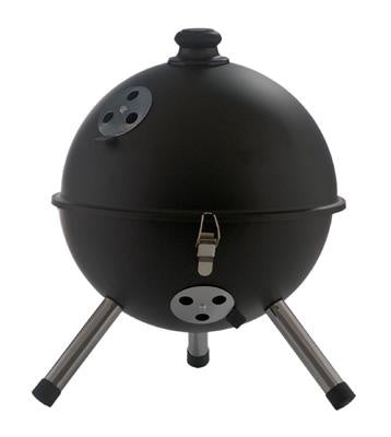 Zwarte kogelbarbecue met deksel, ronde basis en driepoot-onderstel.