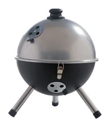 Zilverkleurige kogelbarbecue met deksel, ronde basis en driepoot-onderstel.