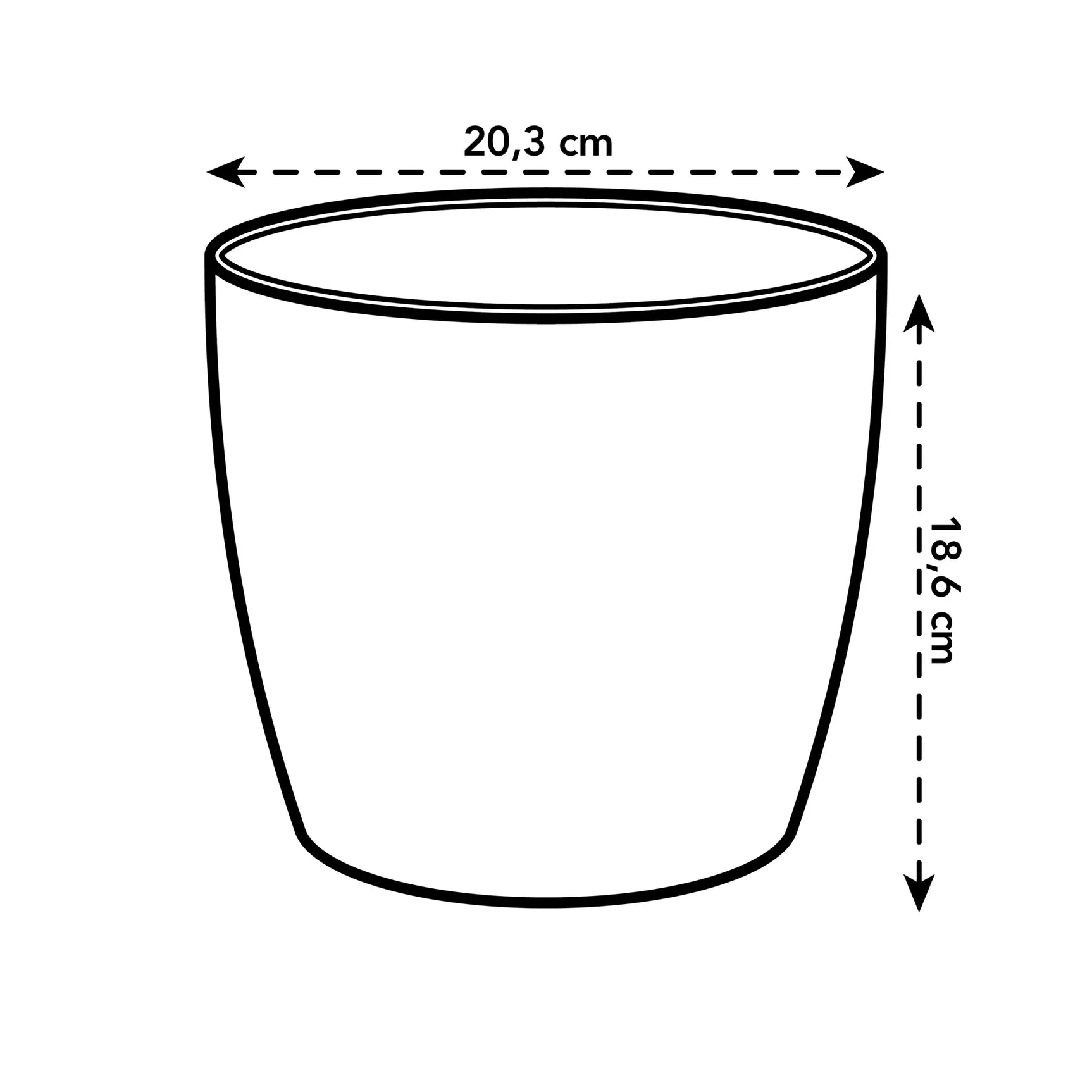 Ronde plantenpot-schets met maat 20,3 cm breed en 18,5 cm hoog