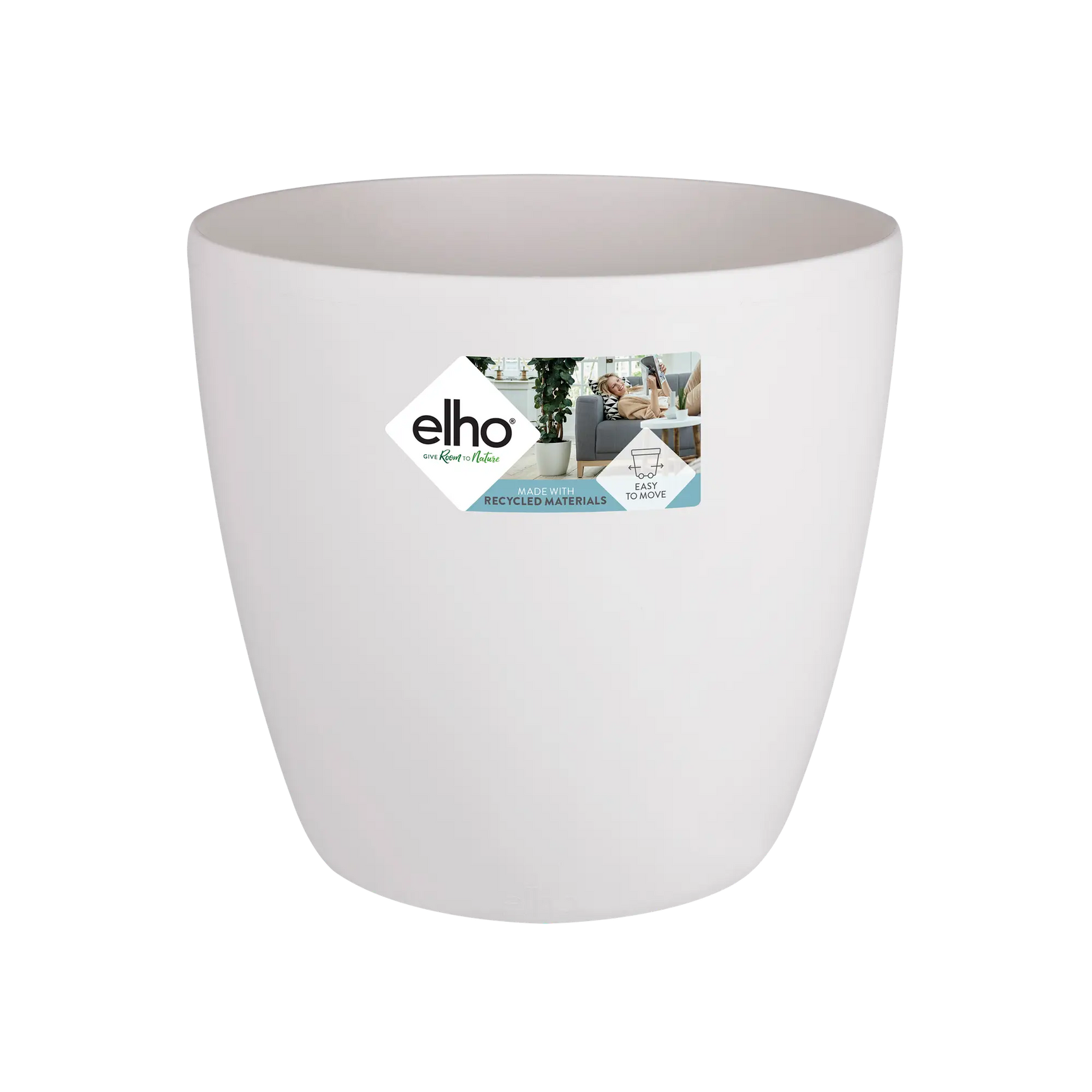 Witte ronde bloempot met elho-logo op de voorkant, 35 cm