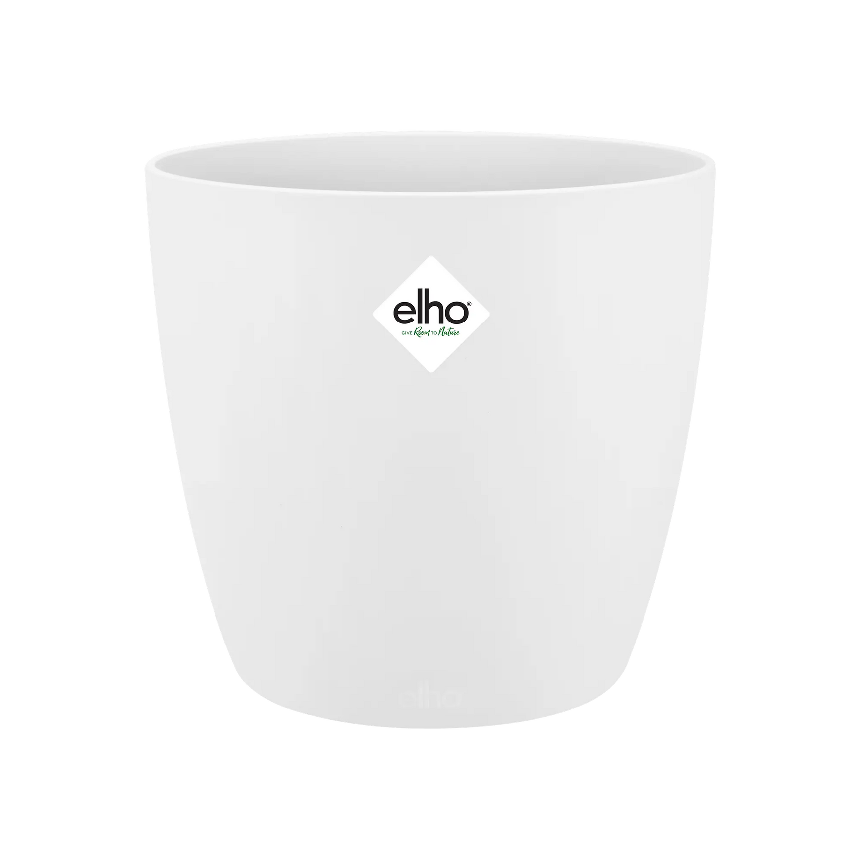 Witte ronde plantenpot met elho-logo en gladde buitenwand
