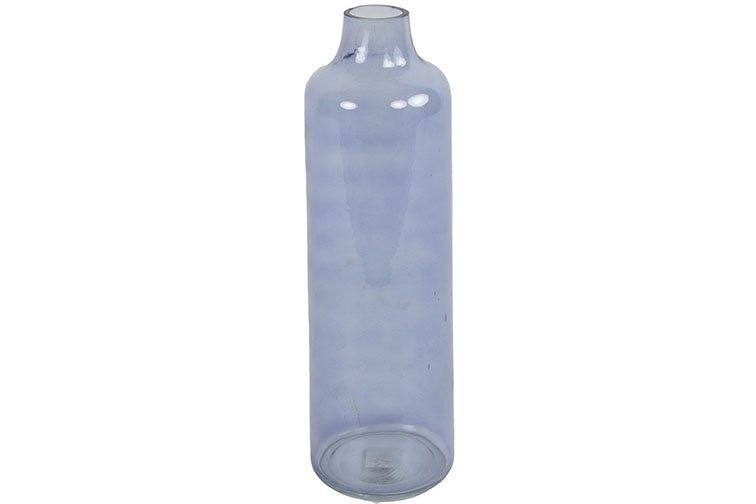 Hoge lichtblauwe glazen fles met smalle hals en ronde bodem