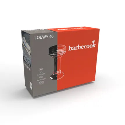 Barbecook Loewy 40 verpakking: rode en grijze productdoos voor houtskoolbarbecue
