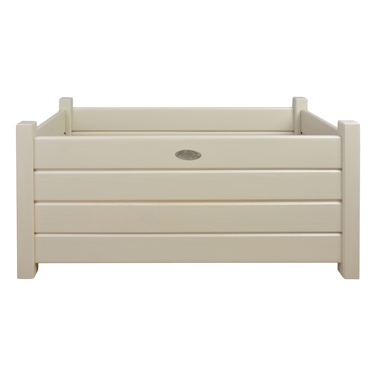 Rechthoekige witte plantenbak met horizontale latten en decoratief plaatje