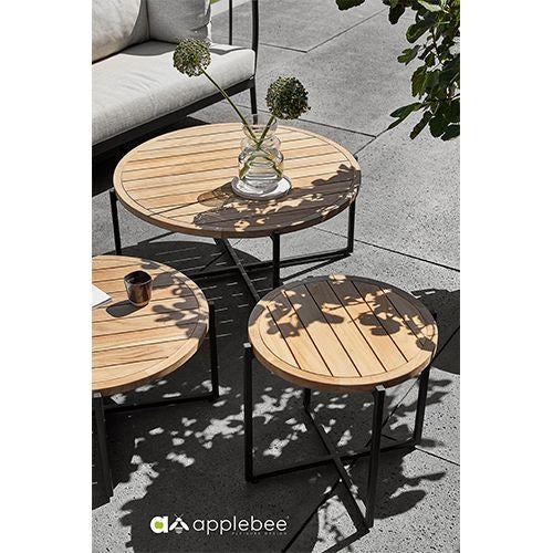 Ronde Apple Bee Condor koffietafel met houten blad en zwart kruisframe onderstel