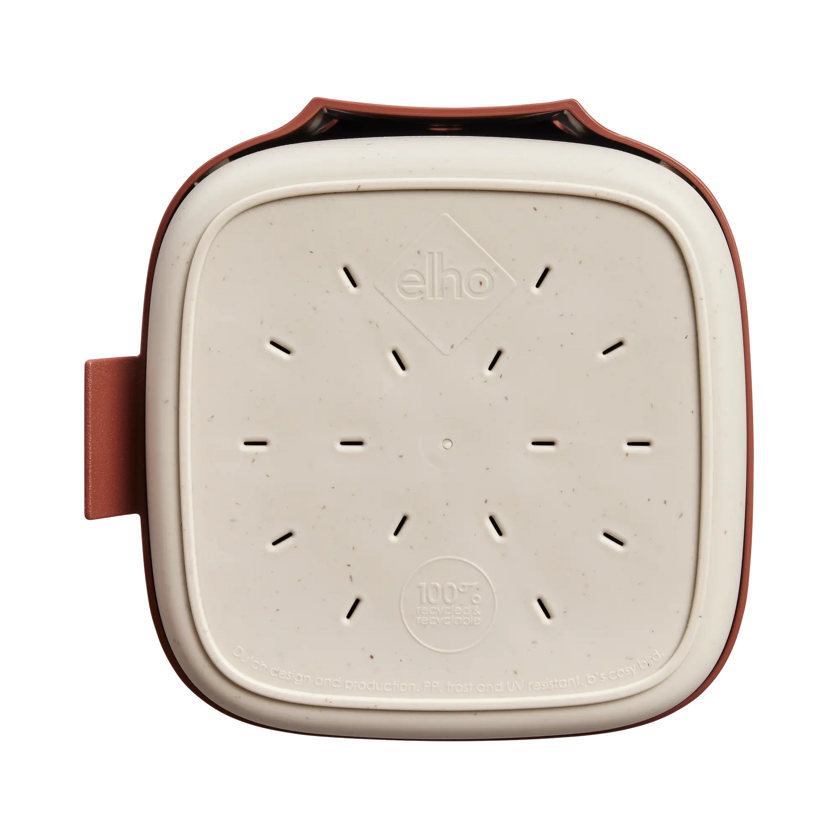 Rood vogelhuisdeksel met witte perforaties en elho-opdruk.