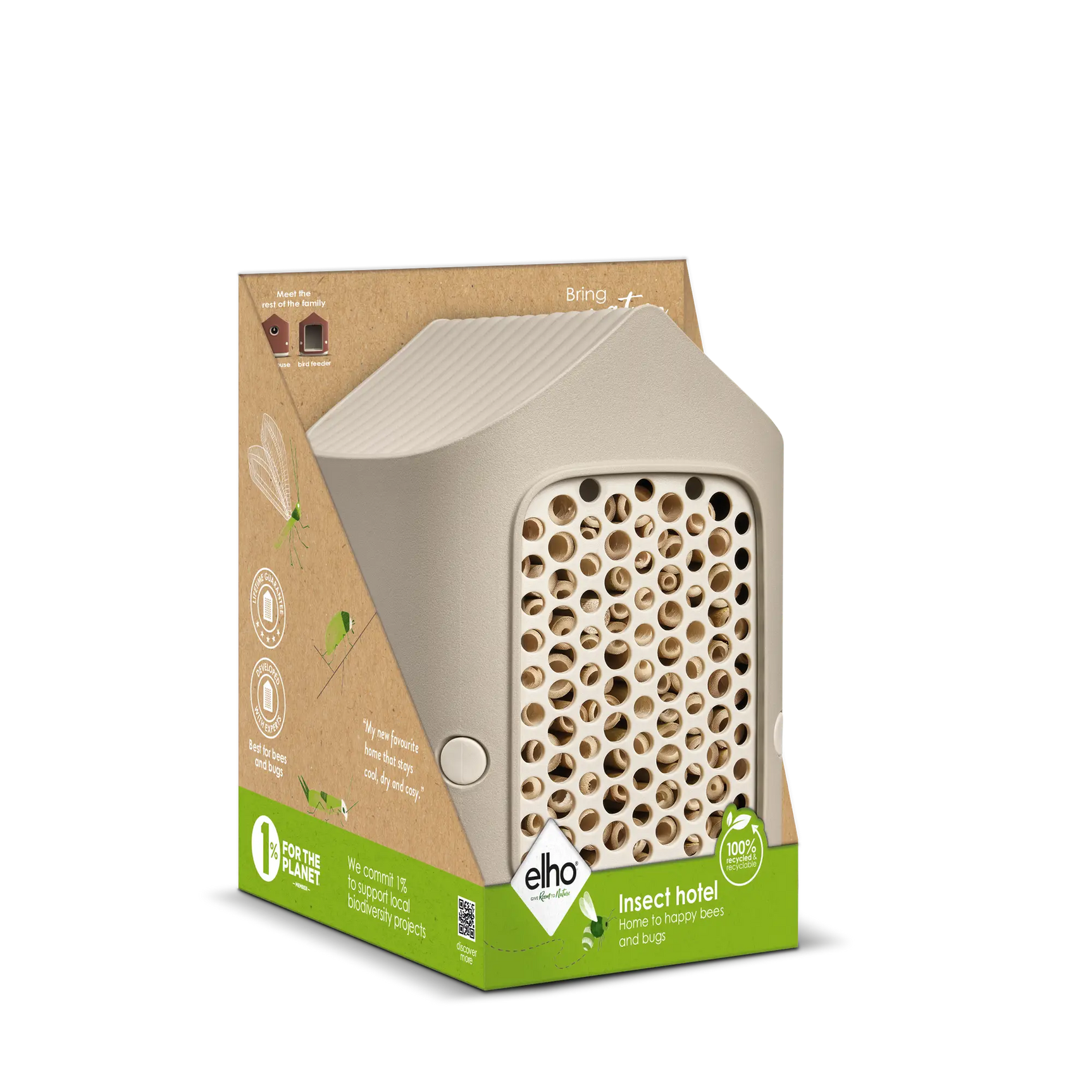 Elho insectenhotel in beige, productverpakking met venster en ronde openingen