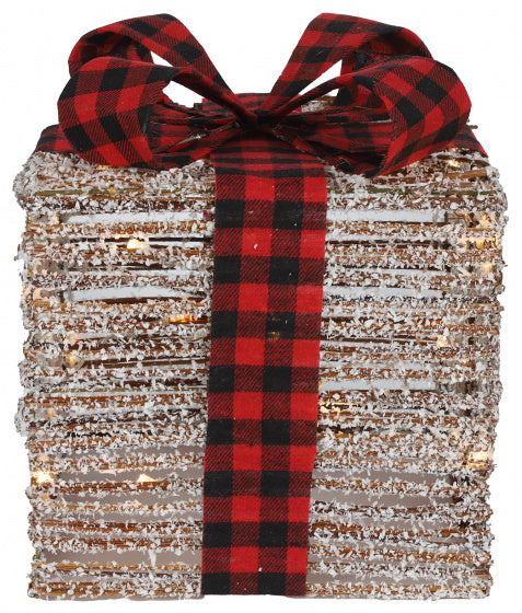 Kerstkado met zilverkleurige glitters en rood-zwart geblokte strikband