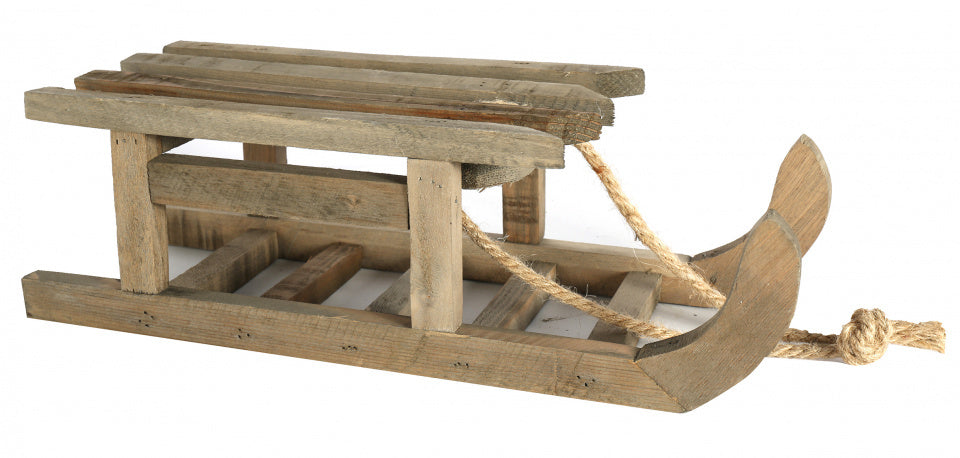 Houten slee in naturel met touw, lopers en open houten platform