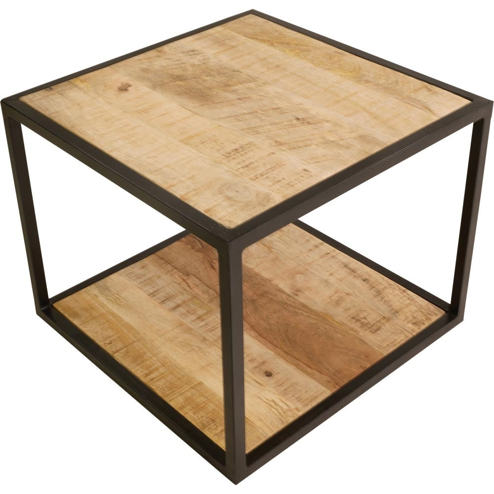 Houten bijzettafel met zwart metalen frame en vierkante blad en legplank