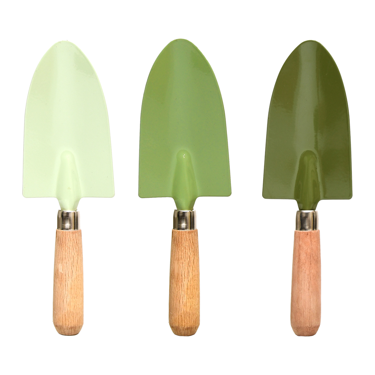 Groentinten handschepjes met houten handgreep en groene metalen schepblad, 3 stuks