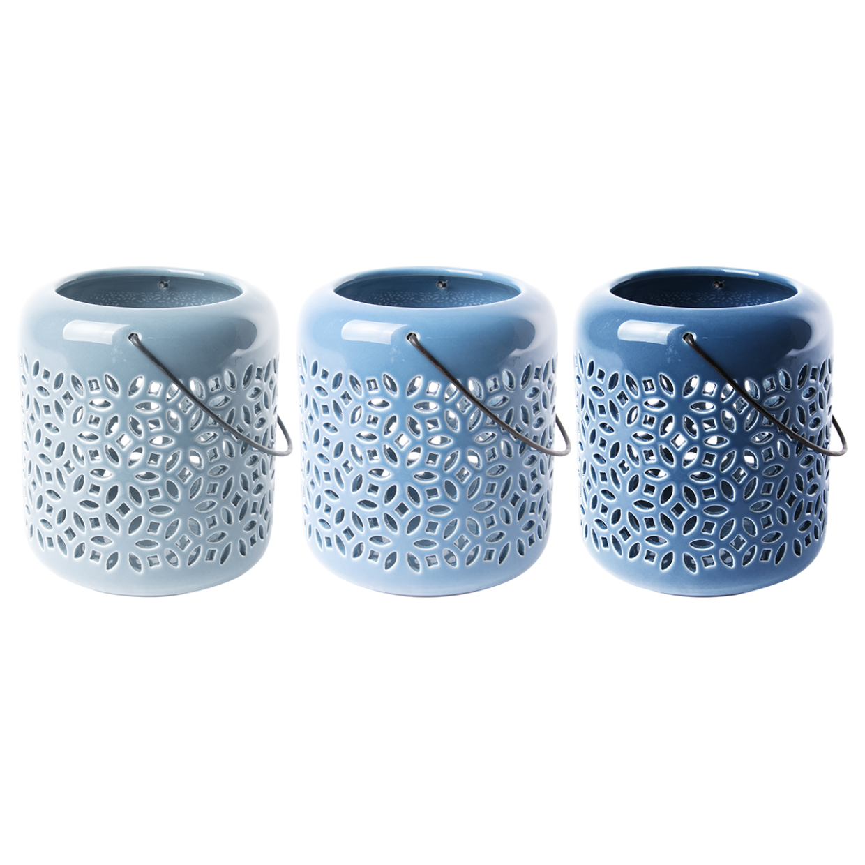 Blauw windlicht met geperforeerd bloemenpatroon en metalen hengsel