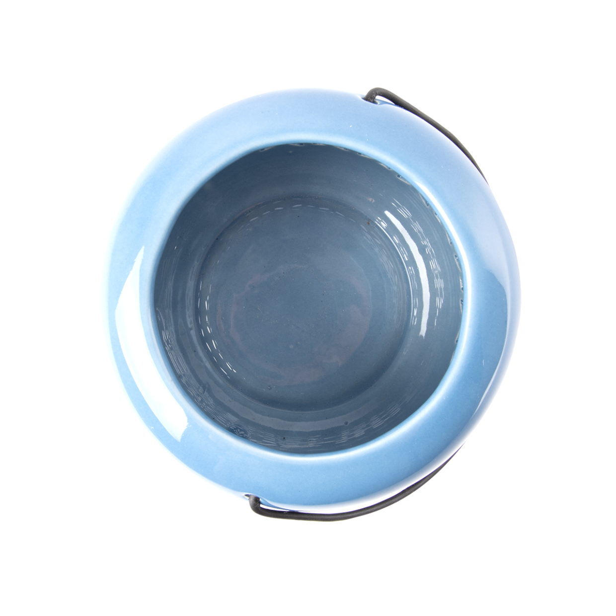 Blauw windlicht met zicht op binnenkant via bovenopening