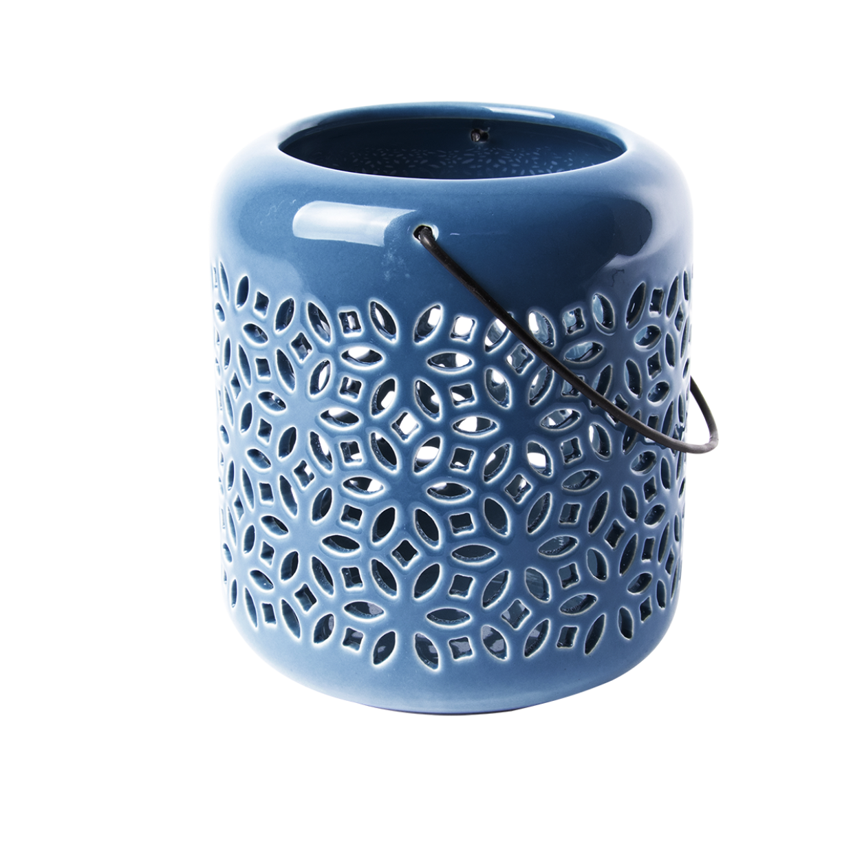 Blauw windlicht met geperforeerde rand en metalen hengsel
