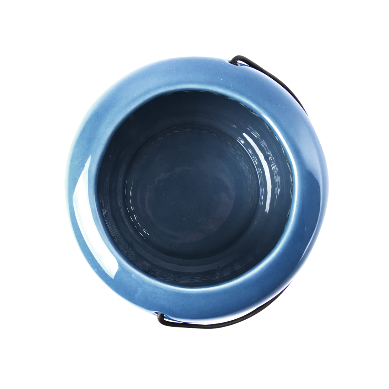 Blauw windlicht met zicht op binnenkant en geaccentueerde rand