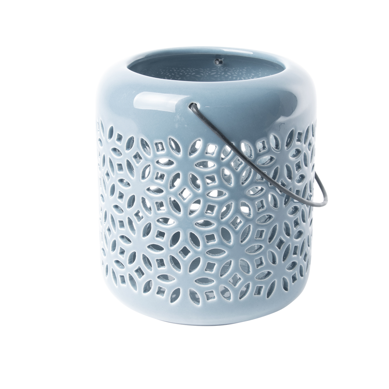 Blauw windlicht met geperforeerd bloemenpatroon, metalen hengsel en gladde bovenrand
