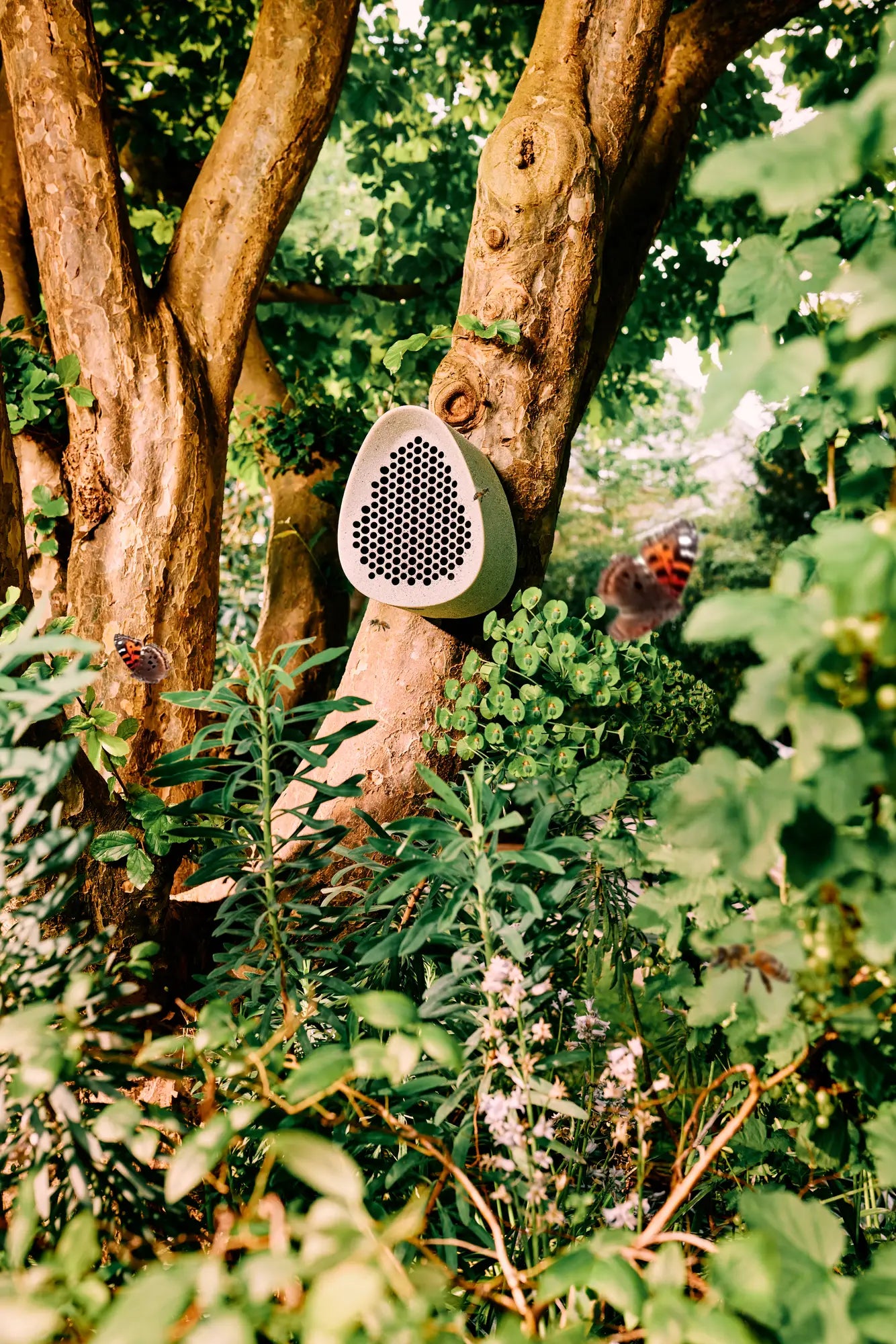 Bijenhotel op een boomstam met ronde insectenopening