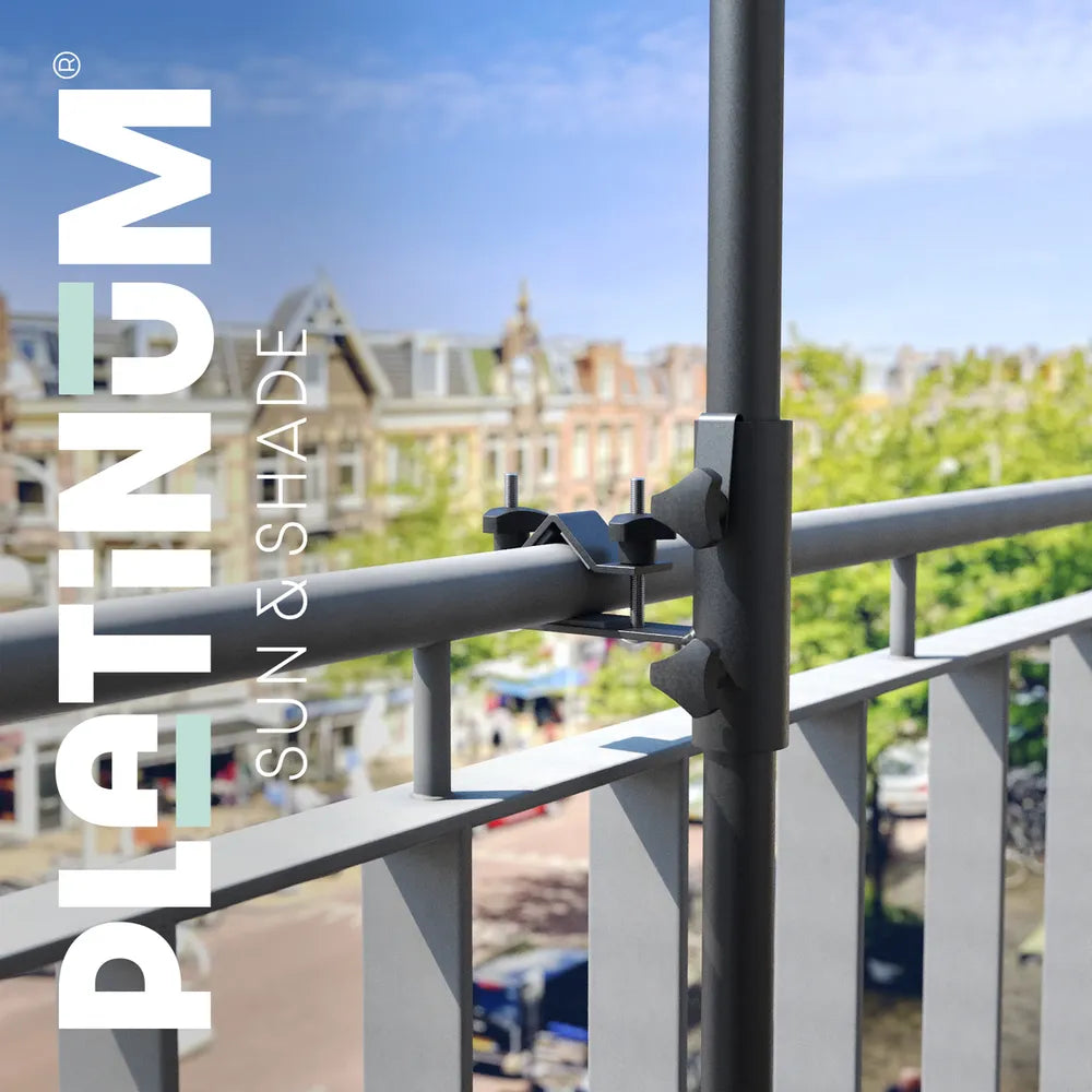 Railingklem voor horizontale ronde reling Ø38 mm, donkergrijs op balkonhek