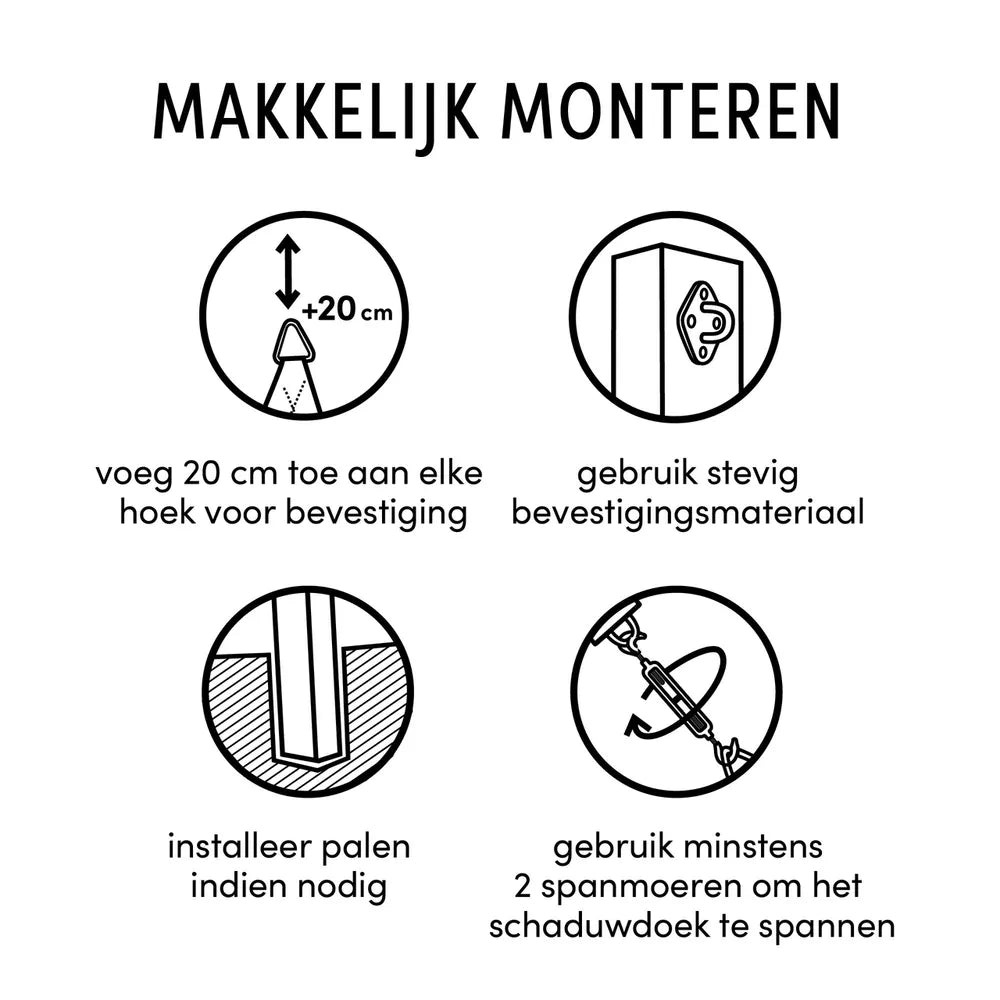 Montage-instructies met pictogrammen voor paalinstallatie en spannen