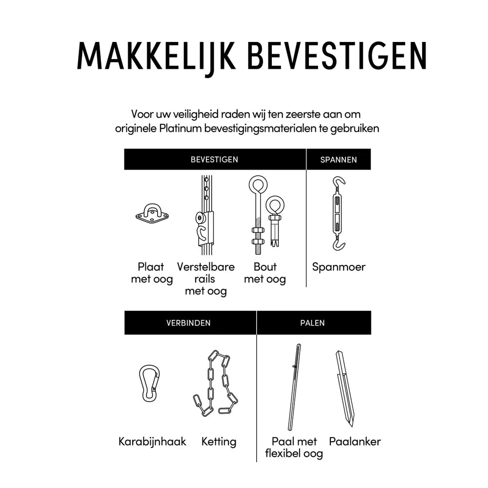 Montage-instructies met stappen voor bevestigen en spannen van schaduwdoek