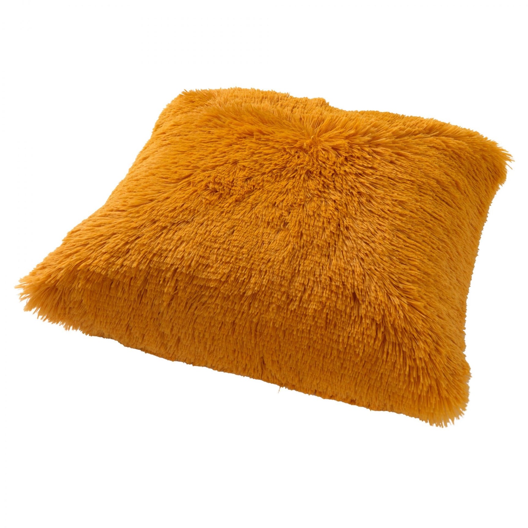 Fluffy sierkussen, goudgele vacht met franjerand, liggend op hoek