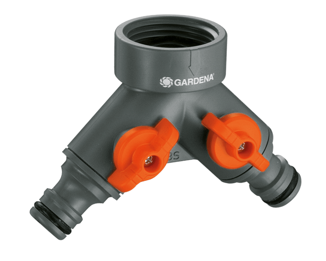 Gardena 2-wegstuk 3/4" met oranje aansluitingen en twee uitgangen, donkergrijs huis
