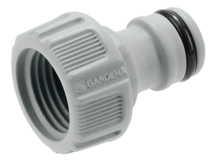 Kraanverbindingsstuk 21 mm met gekartelde greep en zwarte rubberring, zilverkleurig.