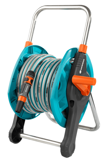 Gardena slangenhouder-set met haspel en standaard, blauw en zwart met oranje grepen