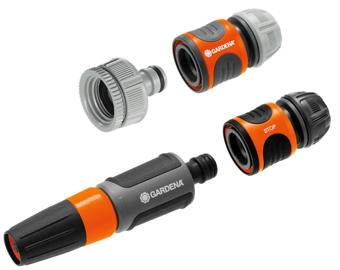 Slangkoppelingen en adapters met snelaansluiting, grijs en oranje met zwarte handgrepen
