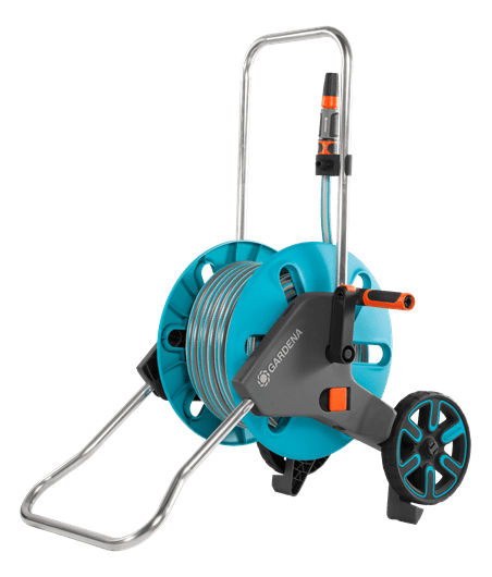 Gardena slangenwagen met haspel, turkoois en grijs met oranje accenten, metalen onderstel