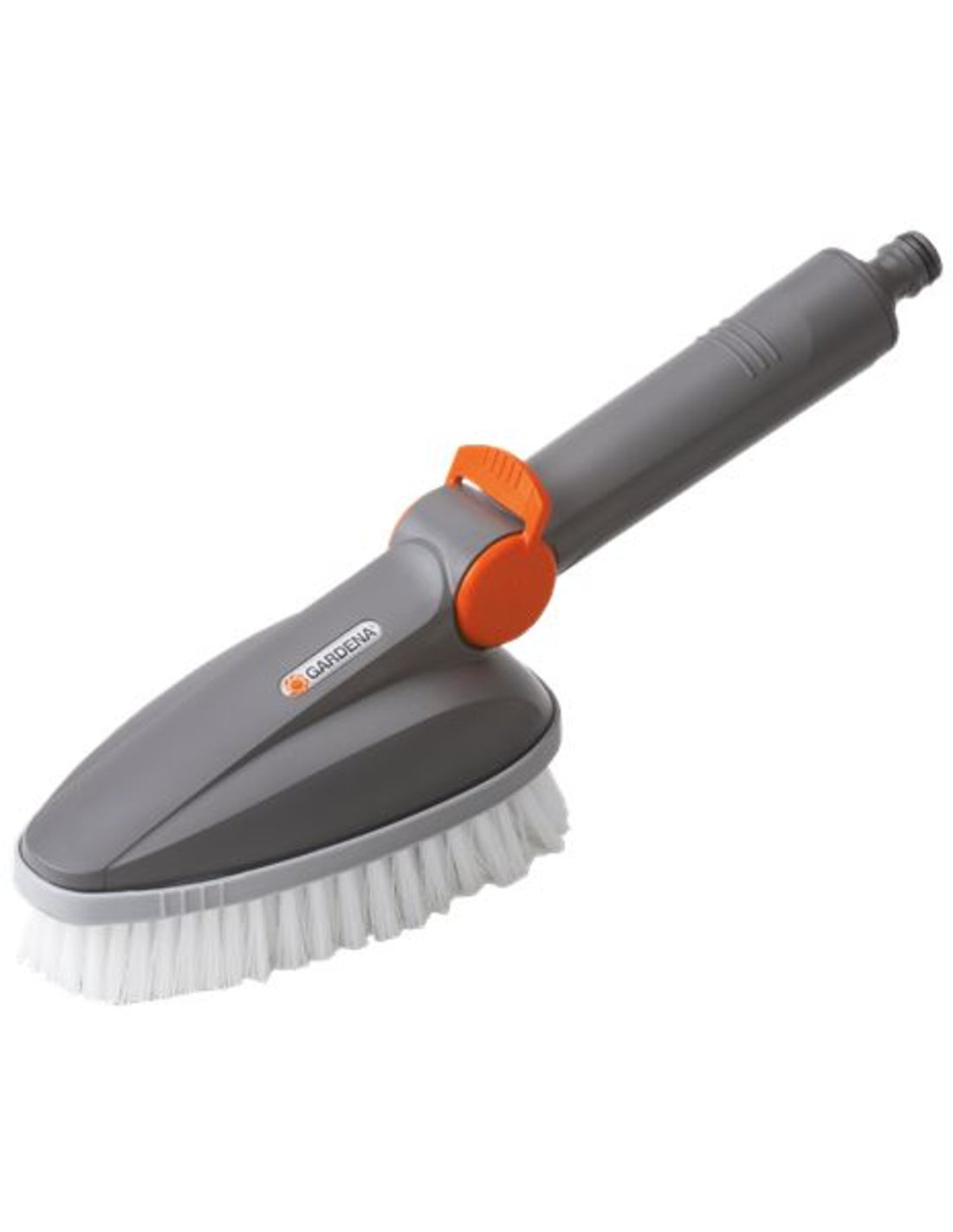 Gardena handschrobber met grijze steel, oranje knop en witte borstelkop