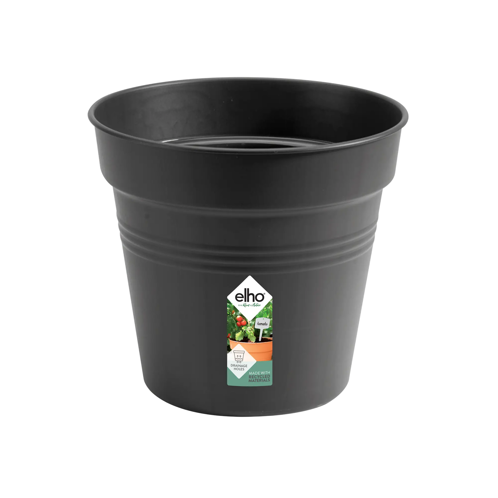 Elho plantenpot 40 cm, zwart kunststof met etiket op de voorkant