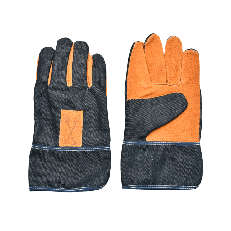 Denim tuinhandschoenen, donkerblauw met oranje handpalm en grijze voering