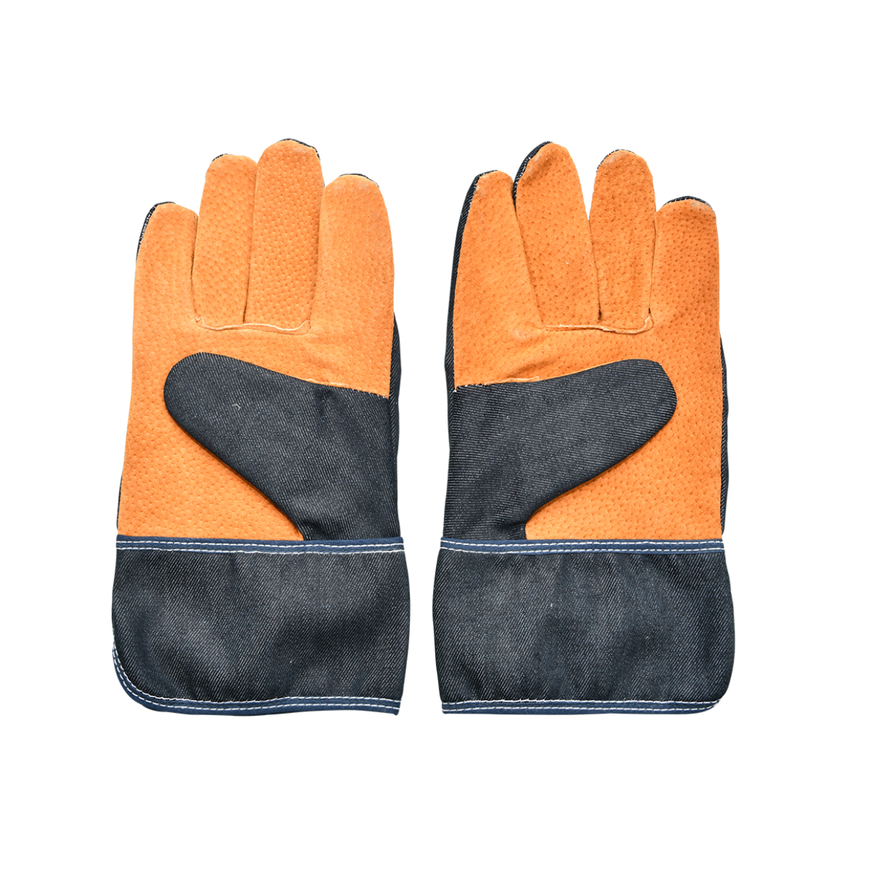 Denim tuinhandschoenen, oranje handpalm met donkerblauwe manchet en brede naad