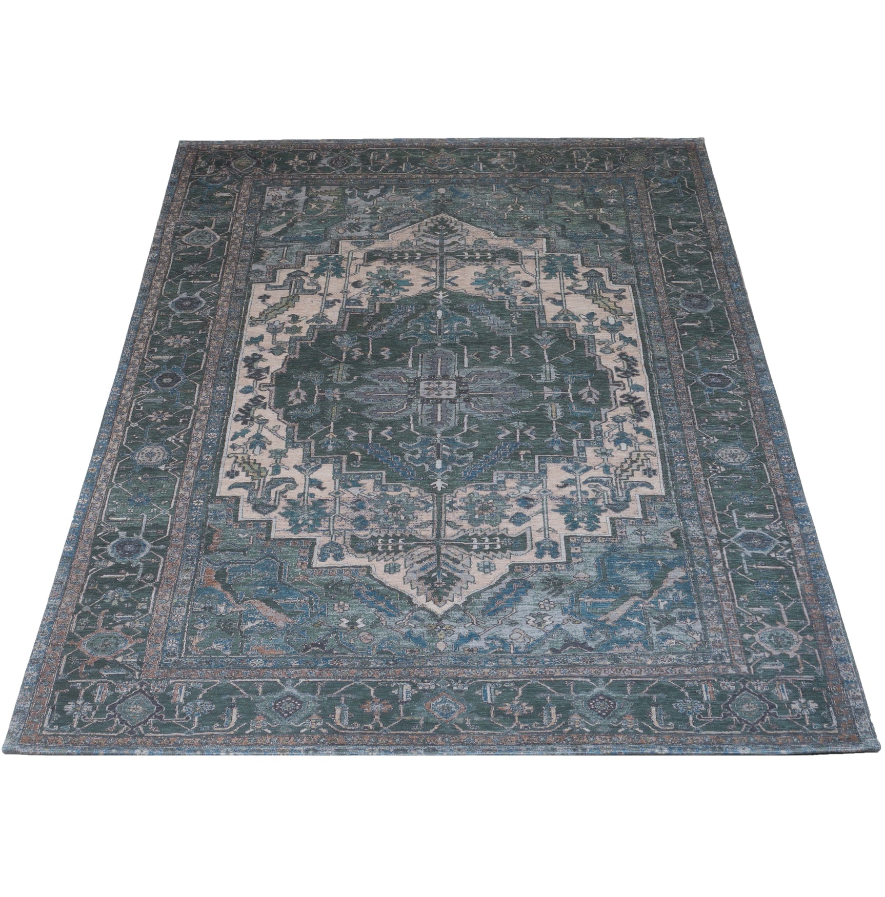 Vloerkleed met traditioneel patchworkpatroon, groen met beige en blauw, rechthoekig formaat
