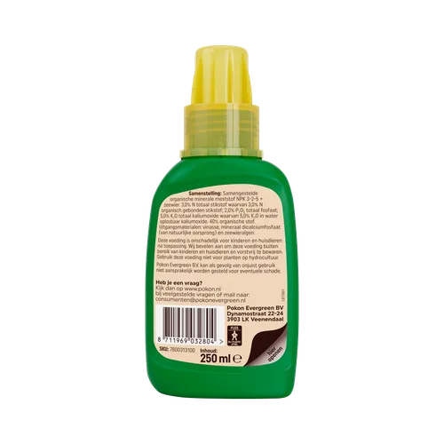 Orchideevoeding-fles met achteretiket, groene fles en gele dop, 250 ml