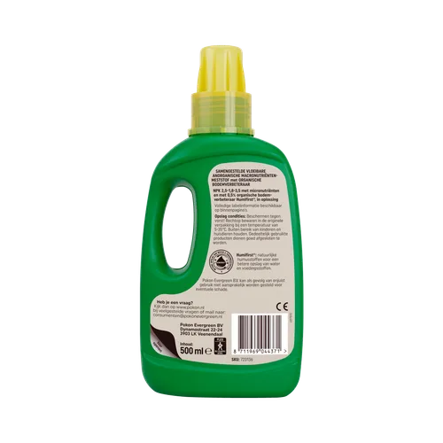 Pokon plantenvoedingfles achterzijde met etiket en barcode, groene fles, 500 ml