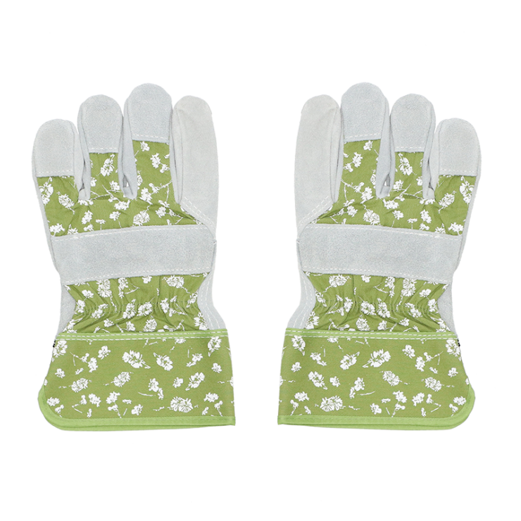Groene werkhandschoenen met wit bloemenpatroon en grijze polsmanchet