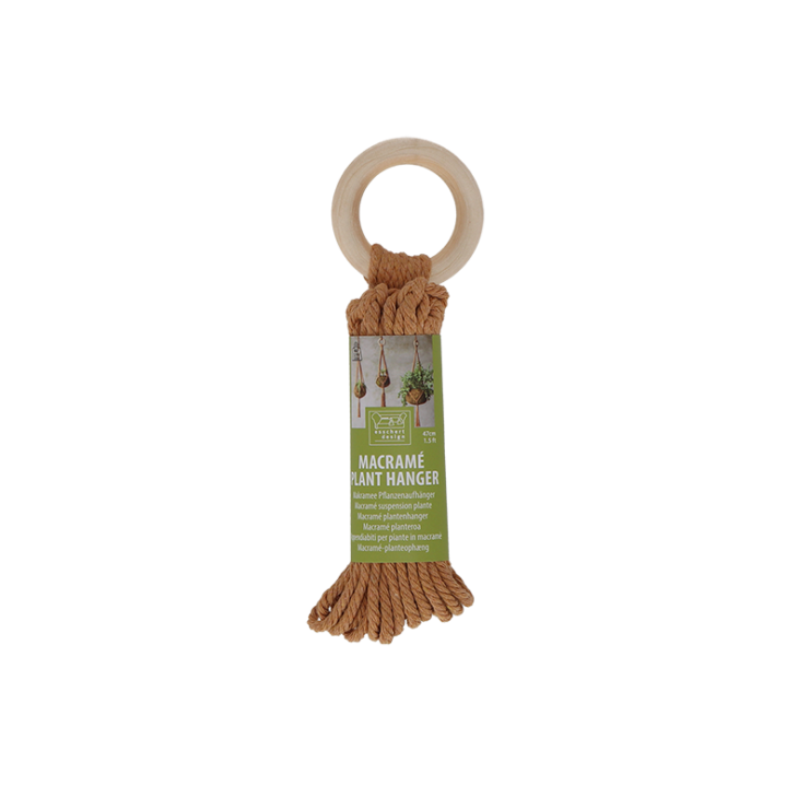 Macramé plantenhanger met ronde ophangring en franjes, bruin
