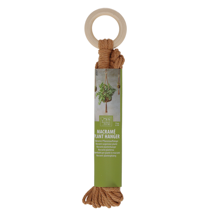 Macramé plantenhanger L, beige touw met ronde ophanglus en franjes