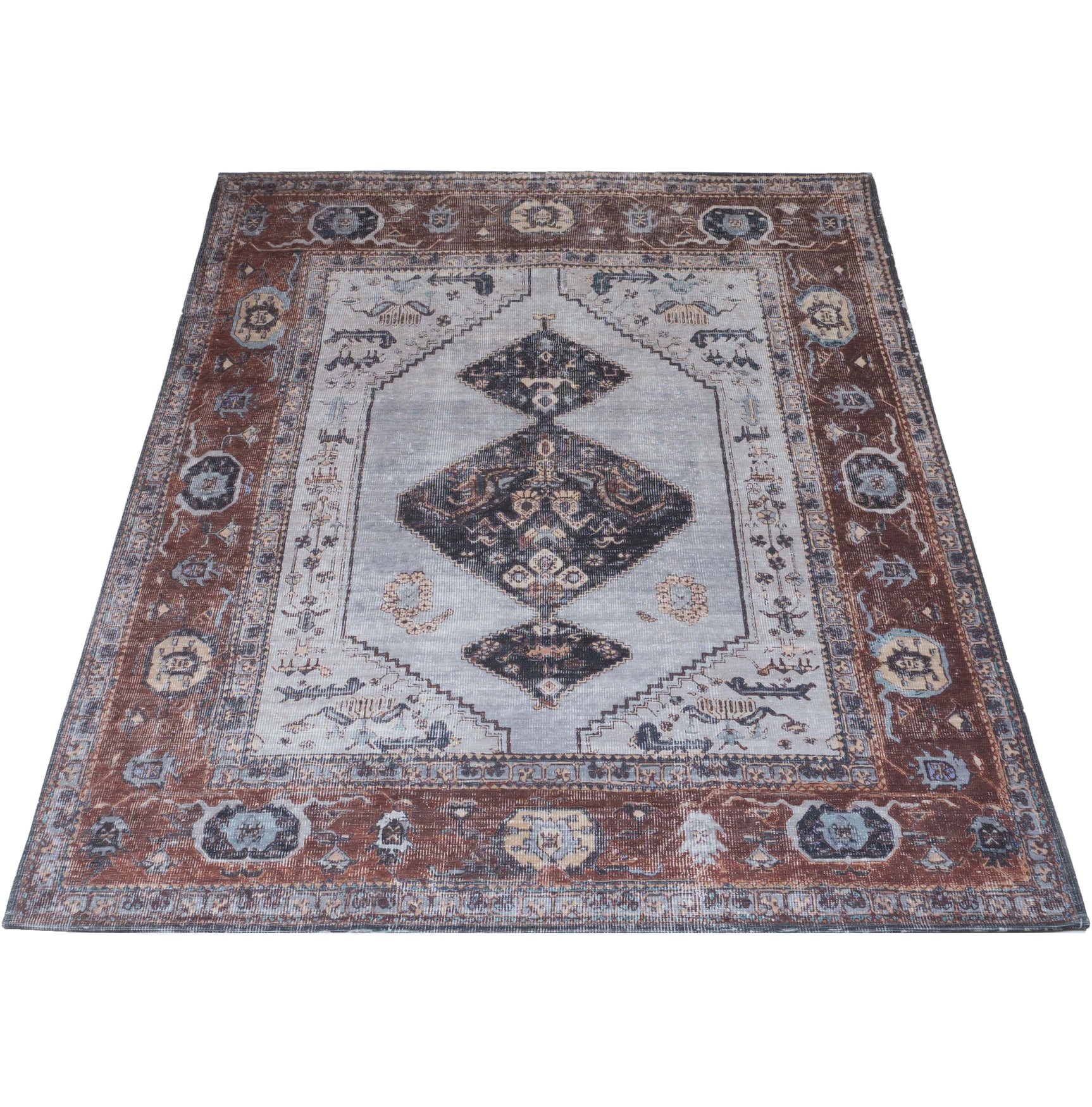 Vloerkleed met ornament- en ruitpatroon, antraciet/bruin en lichtgrijs