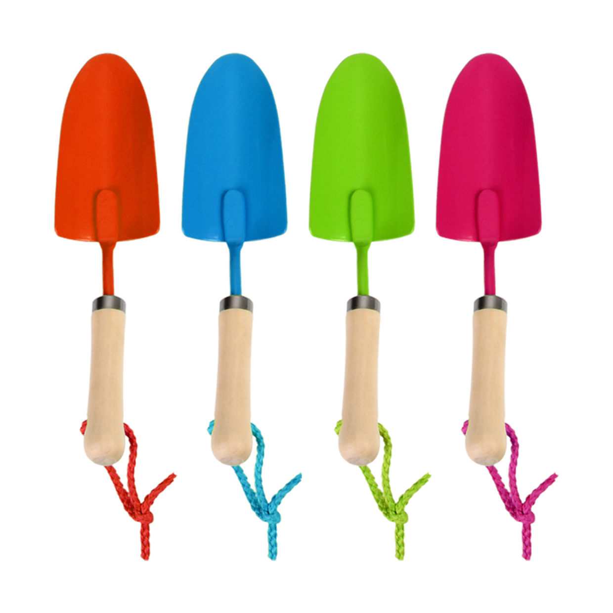 Set kinderhandscheppen met houten steel en gekleurde spade: oranje, blauw, groen, roze