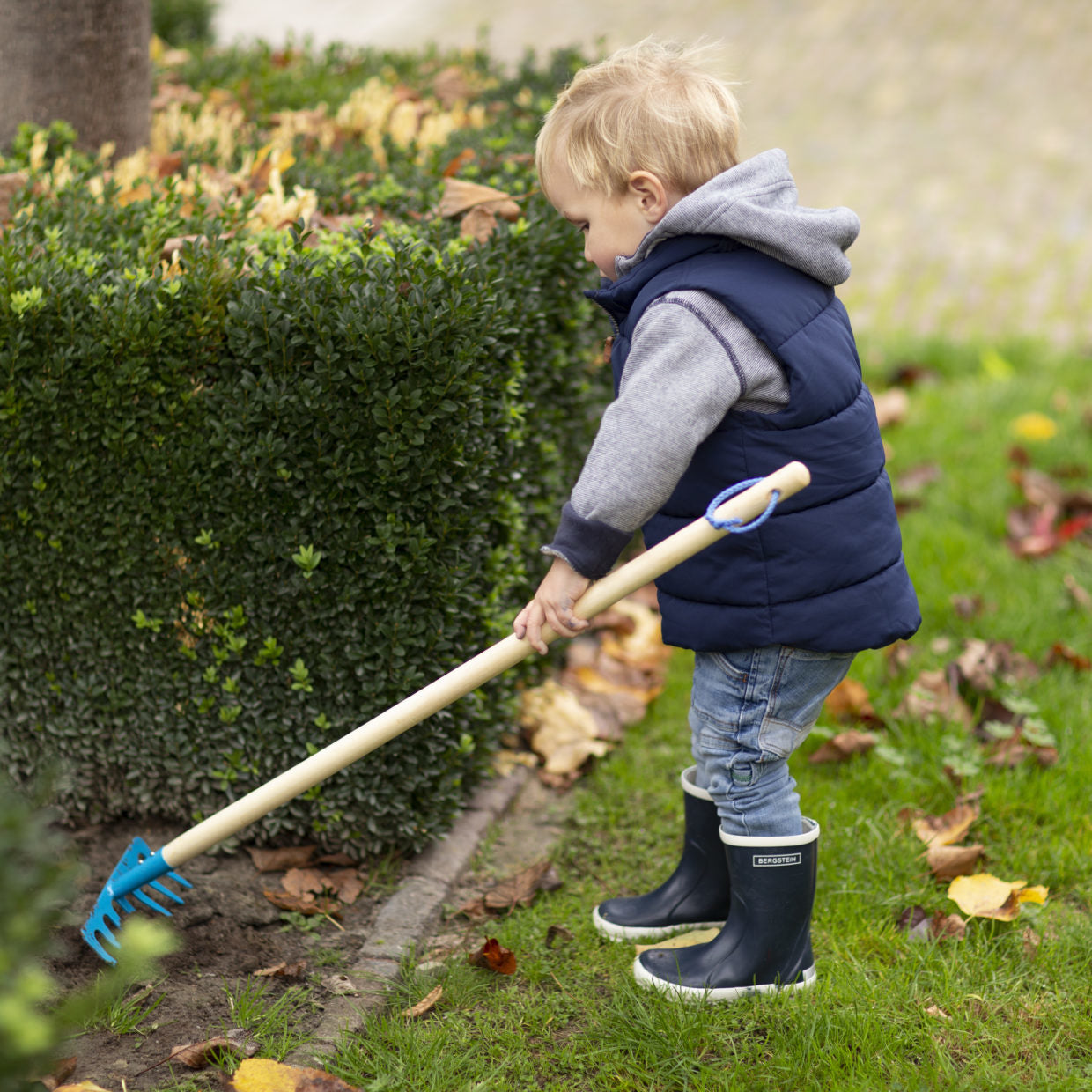 Kinderhark met houten steel en blauwe harkkop